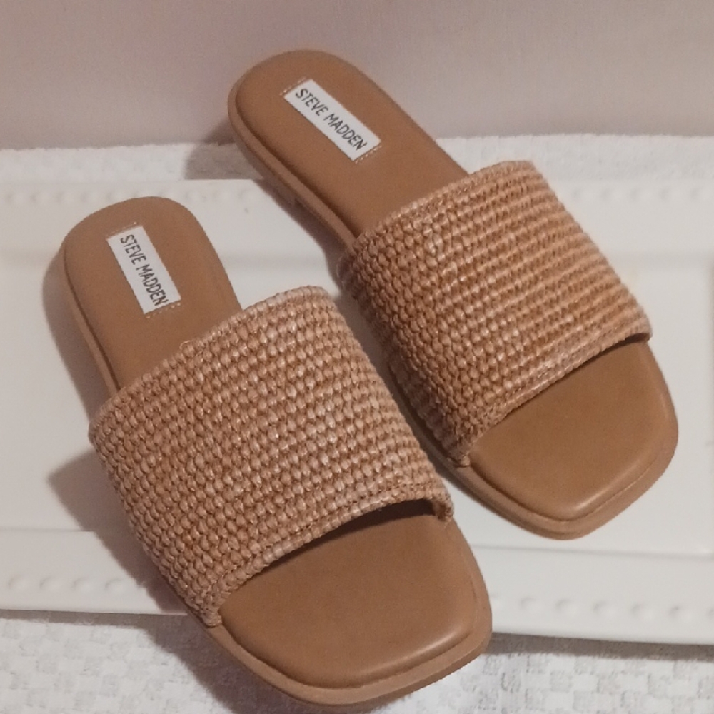 ⚜️Steve Madden Tan Woven Slide Sandals 9.5 🌾⚜️🌾*New* - Picture 9 of 9